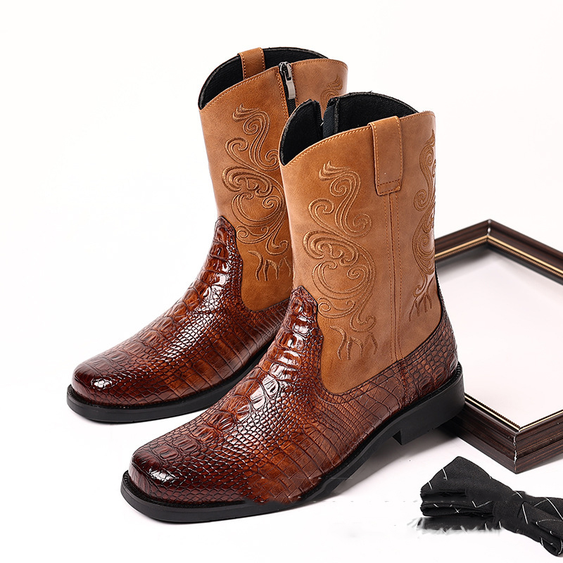 Shoes Heels Men - Men's Crocodile-Print Leather Western Boots Embroidered